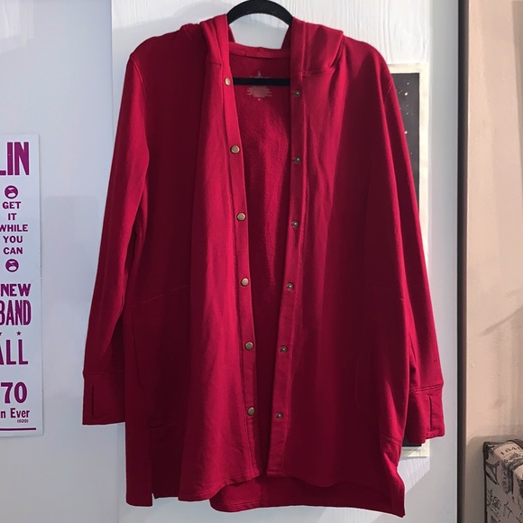 Cuddl Duds Comfort Wear Red Button-Up Long Sleeve Hooded Cardigan Jacket Sz M ❤️